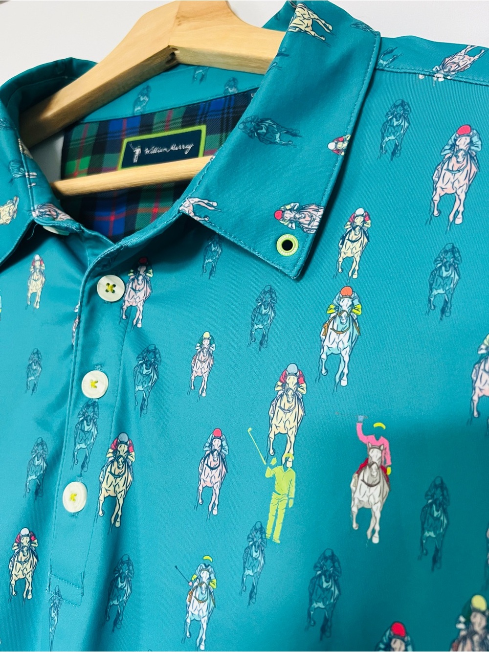 William Murray Polo | Horse Racing Teal Golf Shirt | Sz L | Performance Stretch